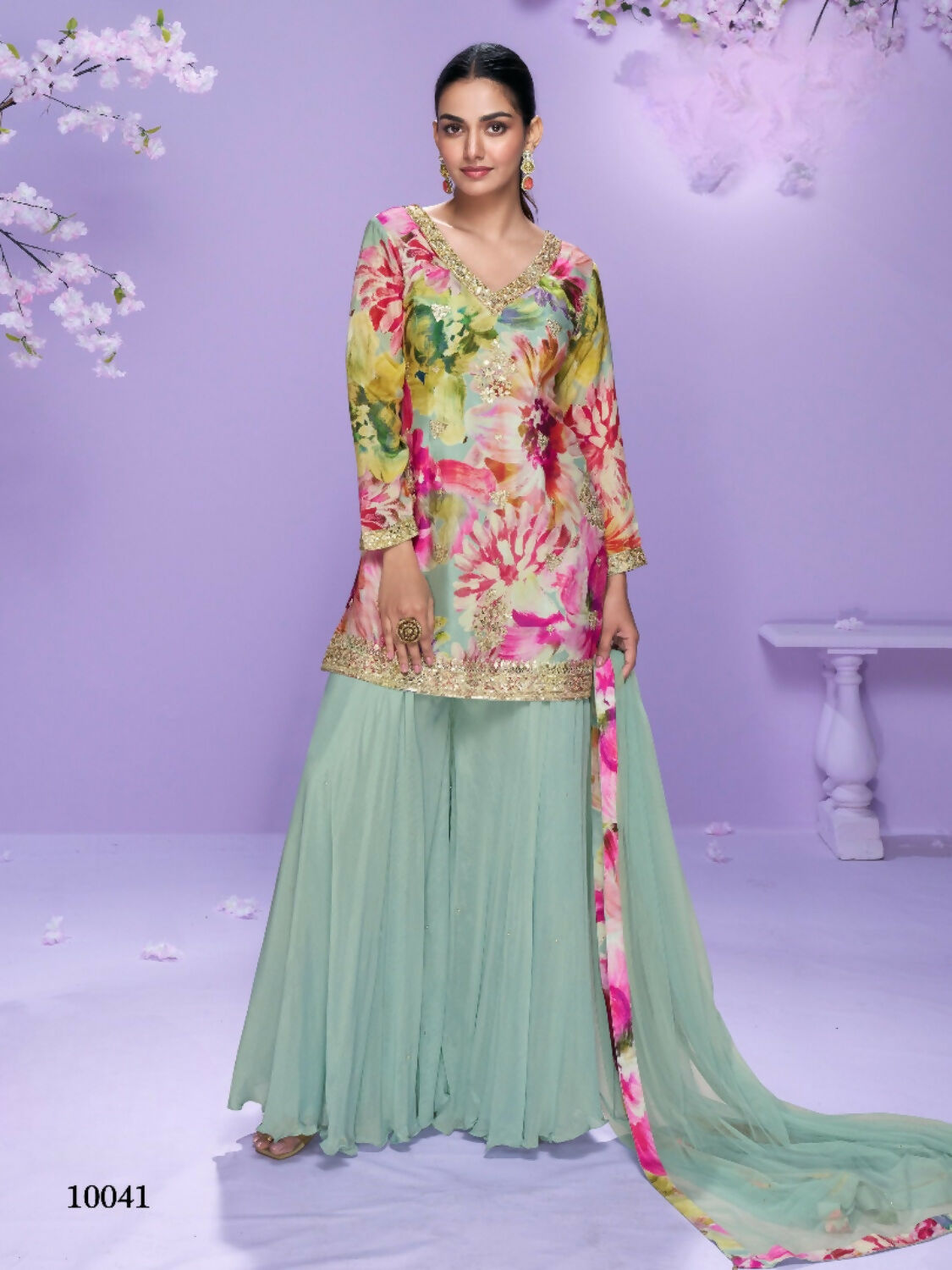 Anaita Sea Green Chinon Readymade Palazzo Suit with Digital Embroidery Work - Distacart