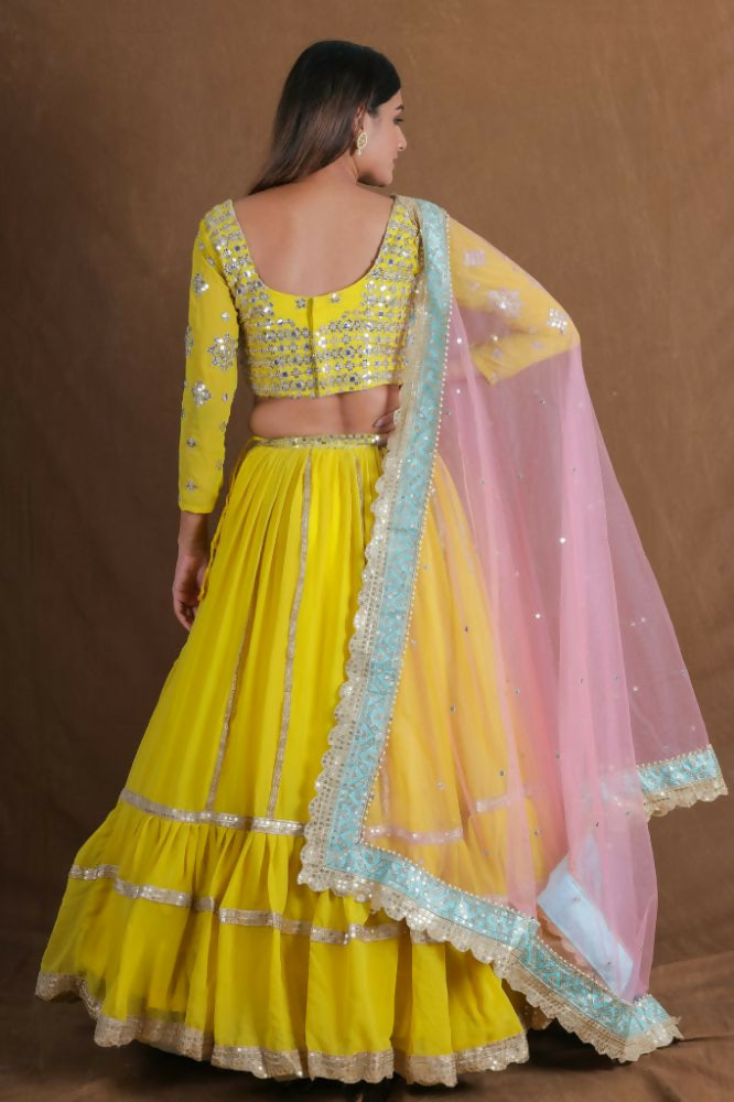 Yellow Georgette Zari Sequence Embroidery With Foil Mirror Work Lehenga Choli - Jihu Culture