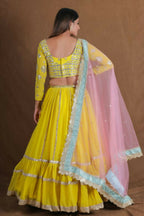 Yellow Georgette Zari Sequence Embroidery With Foil Mirror Work Lehenga Choli - Jihu Culture