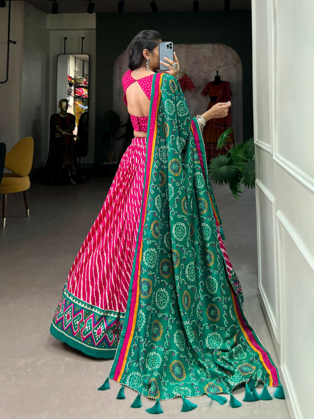 Vastranavya Cultural Leheriya With Patola Print Border Tussar Silk Lehenga Choli - Pink