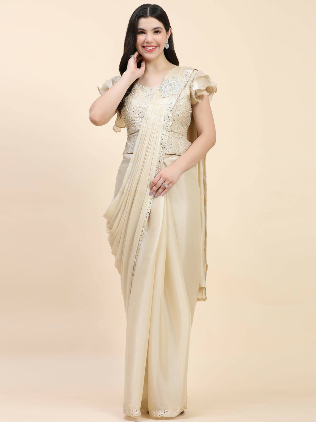 Beige Silk Satin Sequence Work Ready to Wear Saree with stitched Blouse - Nirvana