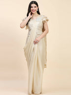 Beige Silk Satin Sequence Work Ready to Wear Saree with stitched Blouse - Nirvana