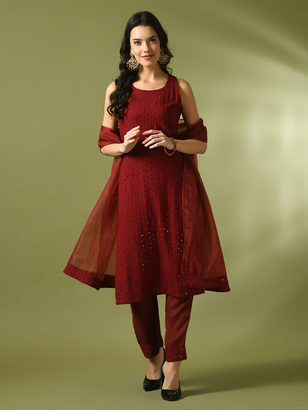 Myshka Women's Maroon Embroidered Cotton Straight Party Kurta Set With Dupatta