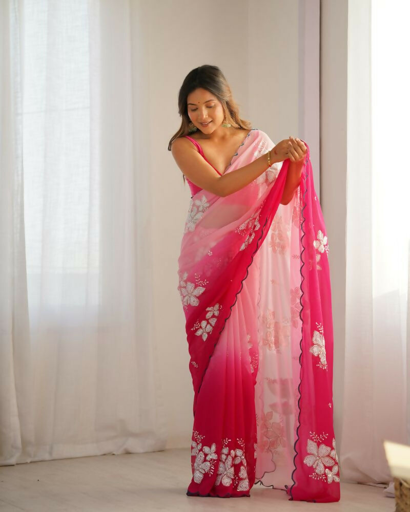 Pink Georgette Pedding Color, Embroidery Work Party Wear Saree - Erisha