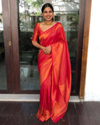 DEIANA'S Beautiful Designer Golden zari Soft Lichi Silk Saree - Red