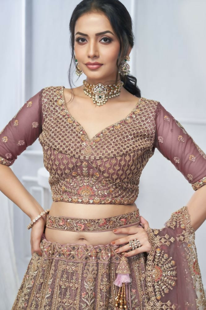 Kesar Fab Onion-Pink Net Embroidered Lehenga