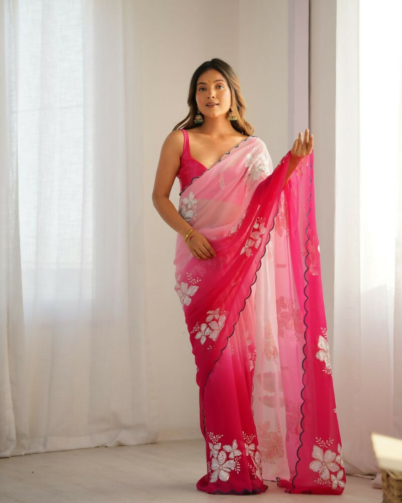 Pink Georgette Pedding Color, Embroidery Work Party Wear Saree - Erisha