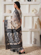 Shree Shyam Fashion Linen Cotton Black & Cream Saree - Distacart