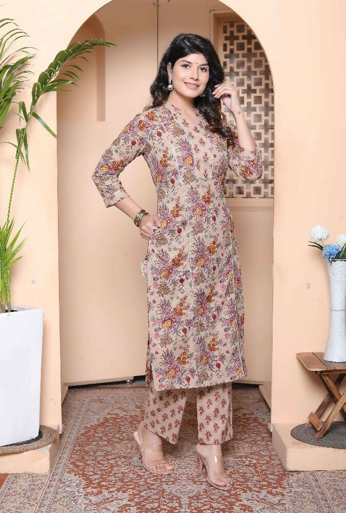 Miravan Womens Pure Cotton Straight Floral Printed Kurta With Palazzo-Multicolor - Distacart