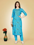 Jyoti Fashion Women's Sky Blue Viscose Rayon Embroidered Kurta Pant Set