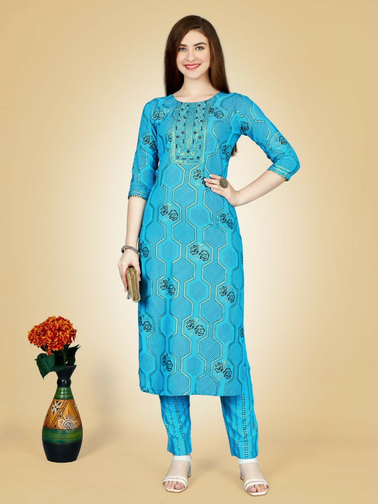 Jyoti Fashion Women's Sky Blue Viscose Rayon Embroidered Kurta Pant Set