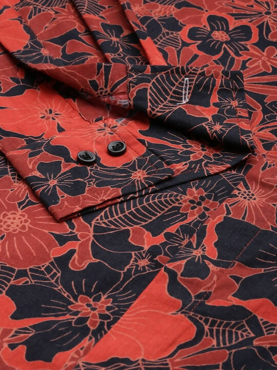 Red & Black Men pure Cotton Floral Printed Straight Kurta - Mahotsav