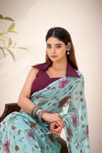 Vastranavya Sea Green Lurex Brasso Floral Printed Saree with Unstitched Blouse - Distacart