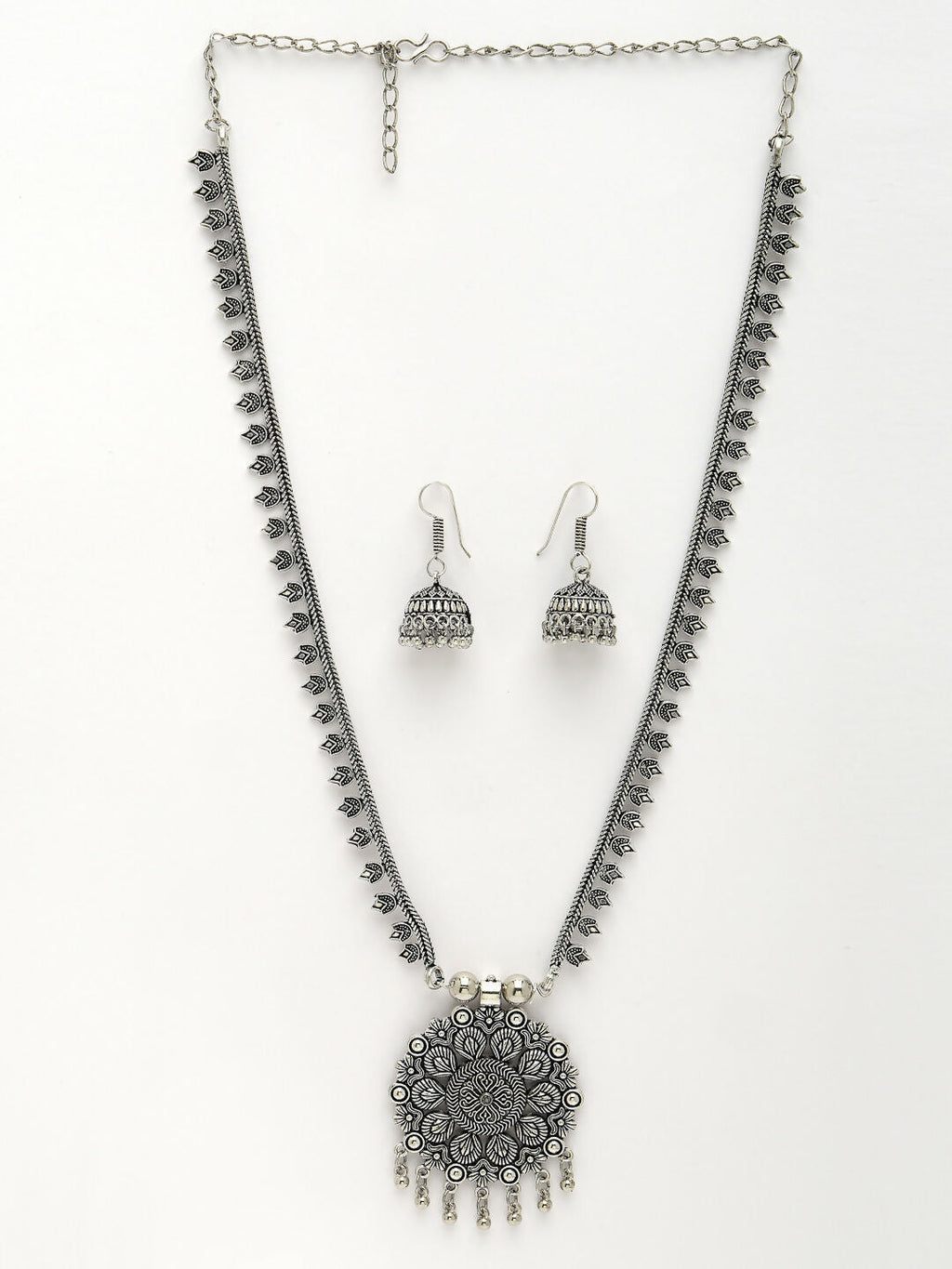 NVR Women's Silver-Toned Floral Shape Oxidized Necklace with Jhumka Earrings