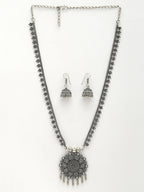 NVR Women's Silver-Toned Floral Shape Oxidized Necklace with Jhumka Earrings