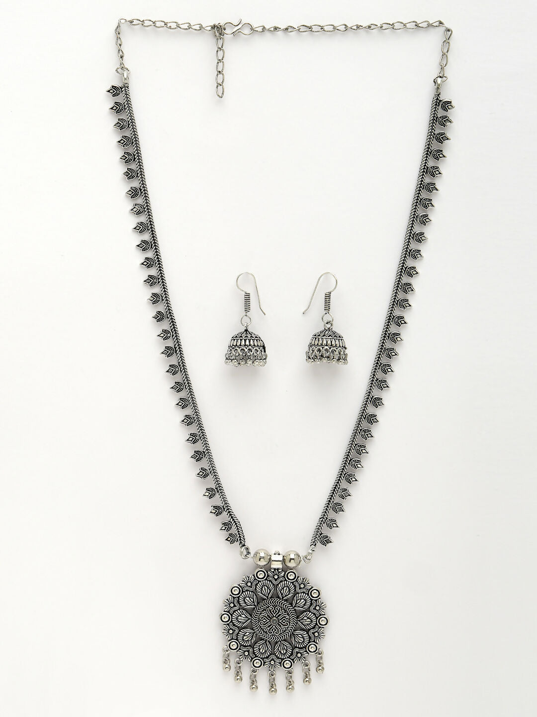 NVR Women's Silver-Toned Floral Shape Oxidized Necklace with Jhumka Earrings