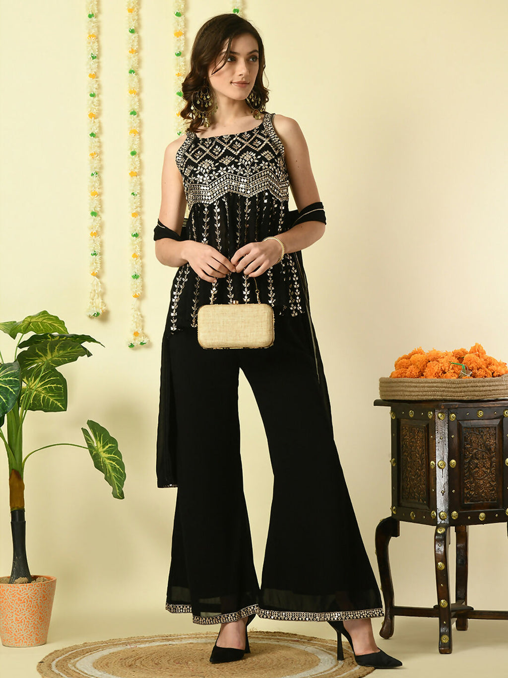 Myshka Women's Black Georgette Top & Palazzos With Dupatta Party Sets