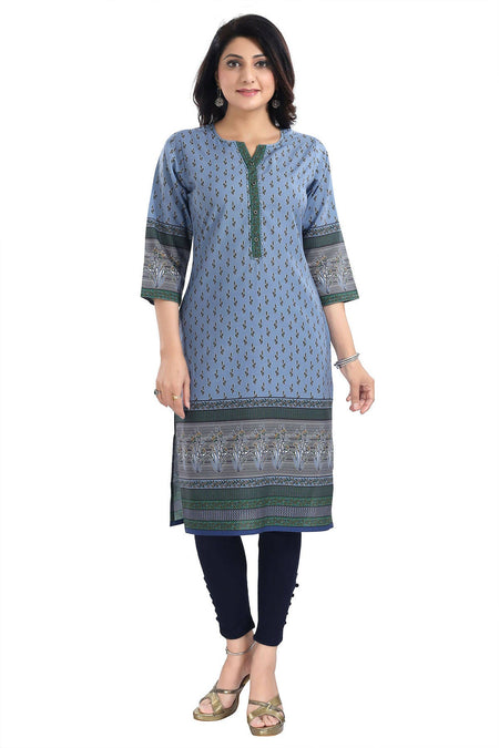 Snehal Creations Aesthetic Blue Digital Print Cotton Slub Long Kurti Tunic