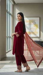 Joban Fashion Maroon Velvet Embroidery Sequence Work Readymade Kurta Set - Distacart