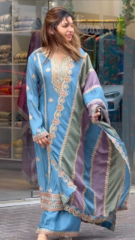 Prazu Fashion Sky Blue Faux Georgette Embroidered Palazzo Suit