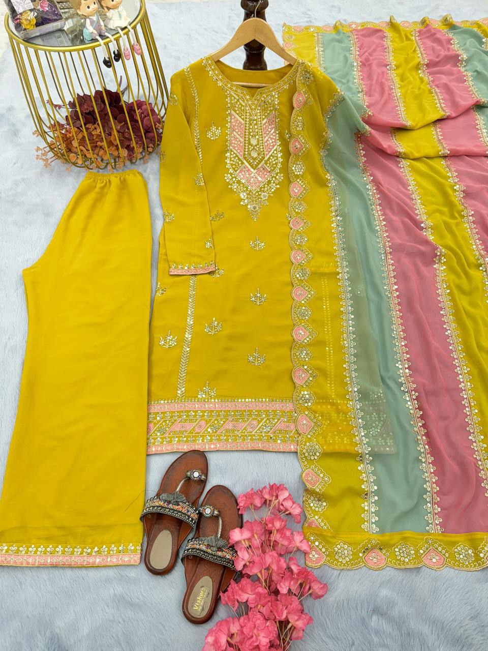 Prazu Fashion Yellow Faux Georgette Embroidered Palazzo Suit
