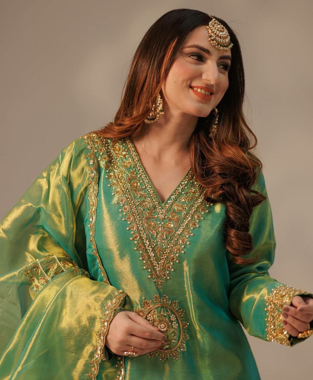 Prazu Fashion Lime Green Organza Embroidered Palazzo Suit