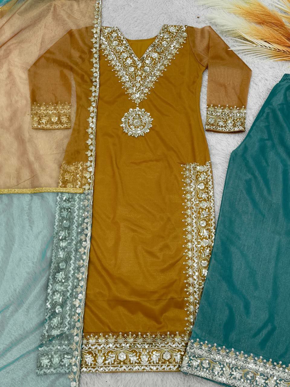 Prazu Fashion Mustard Organza Embroidered Palazzo Suit