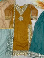 Prazu Fashion Mustard Organza Embroidered Palazzo Suit