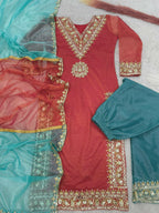 Prazu Fashion Red Organza Embroidered Plazzo Suit