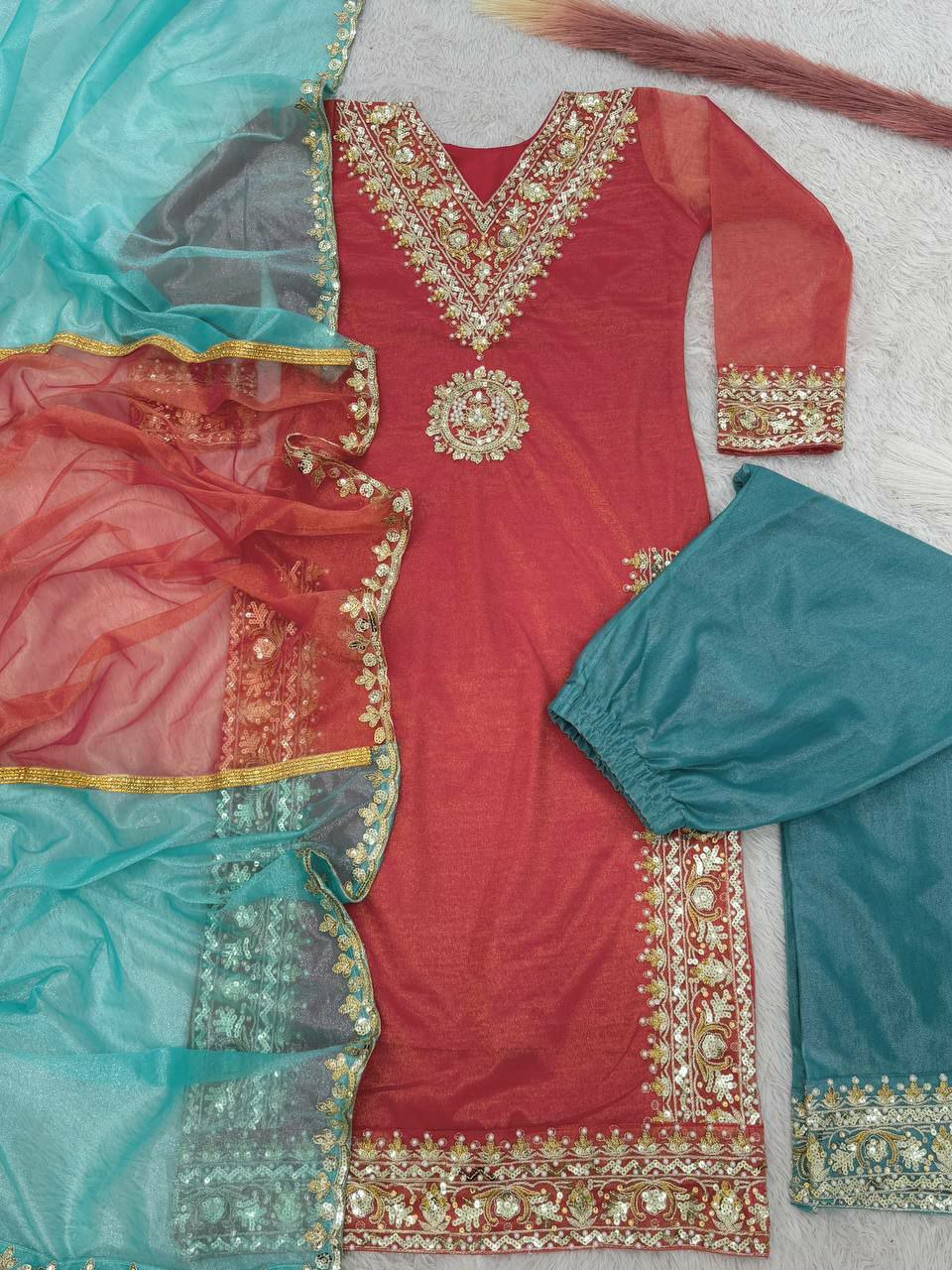 Prazu Fashion Red Organza Embroidered Plazzo Suit