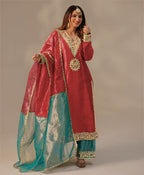 Prazu Fashion Red Organza Embroidered Plazzo Suit