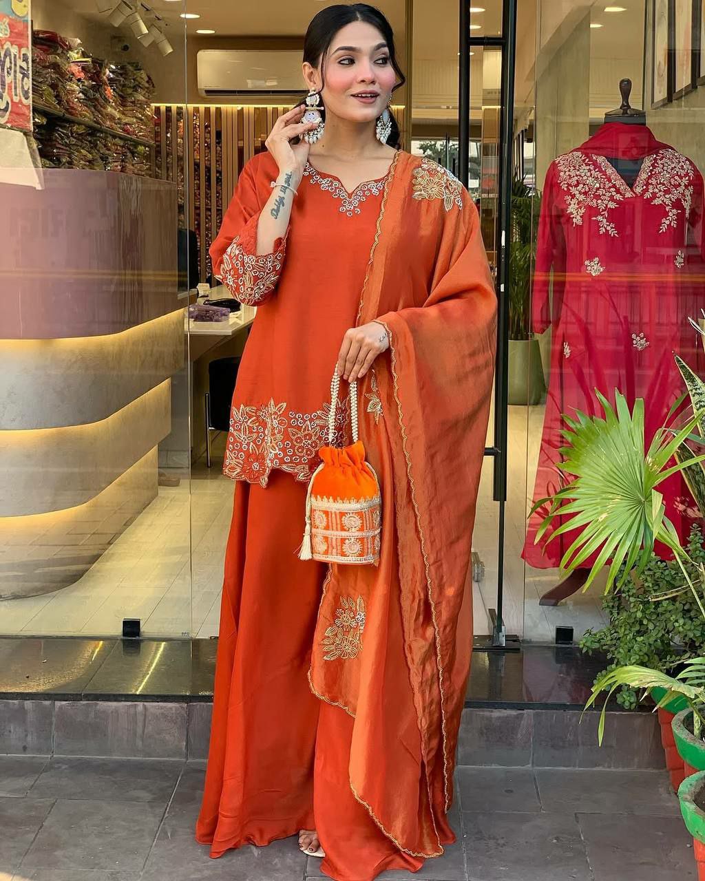 Prazu Fashion Designer Orange Georgette Embroidered Plazzo Suit