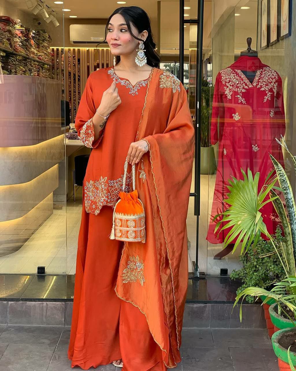 Prazu Fashion Designer Orange Georgette Embroidered Plazzo Suit