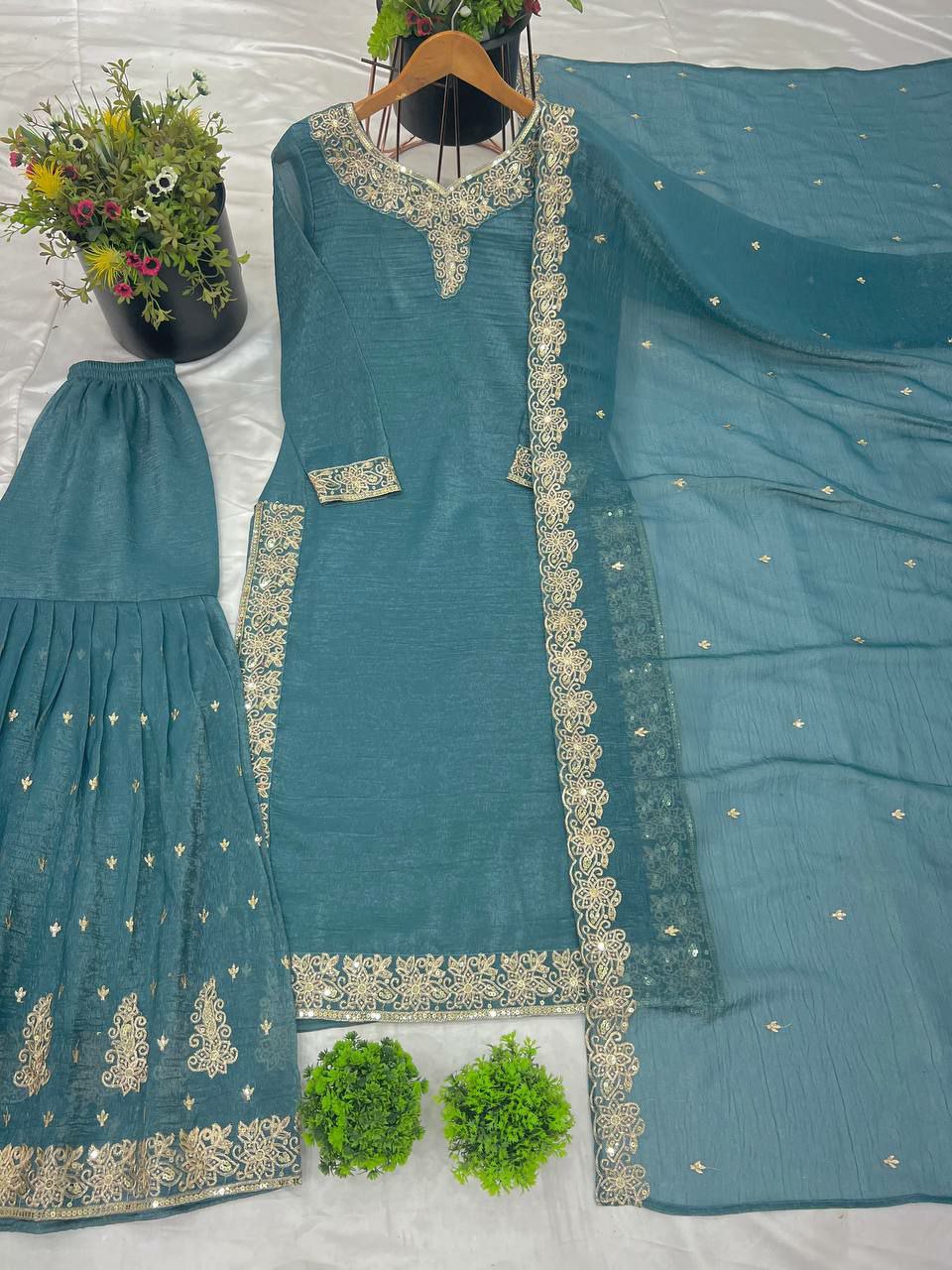 Prazu Fashion Sky Blue Heavy Crunchy Silk Embroidered Palazzo Suit