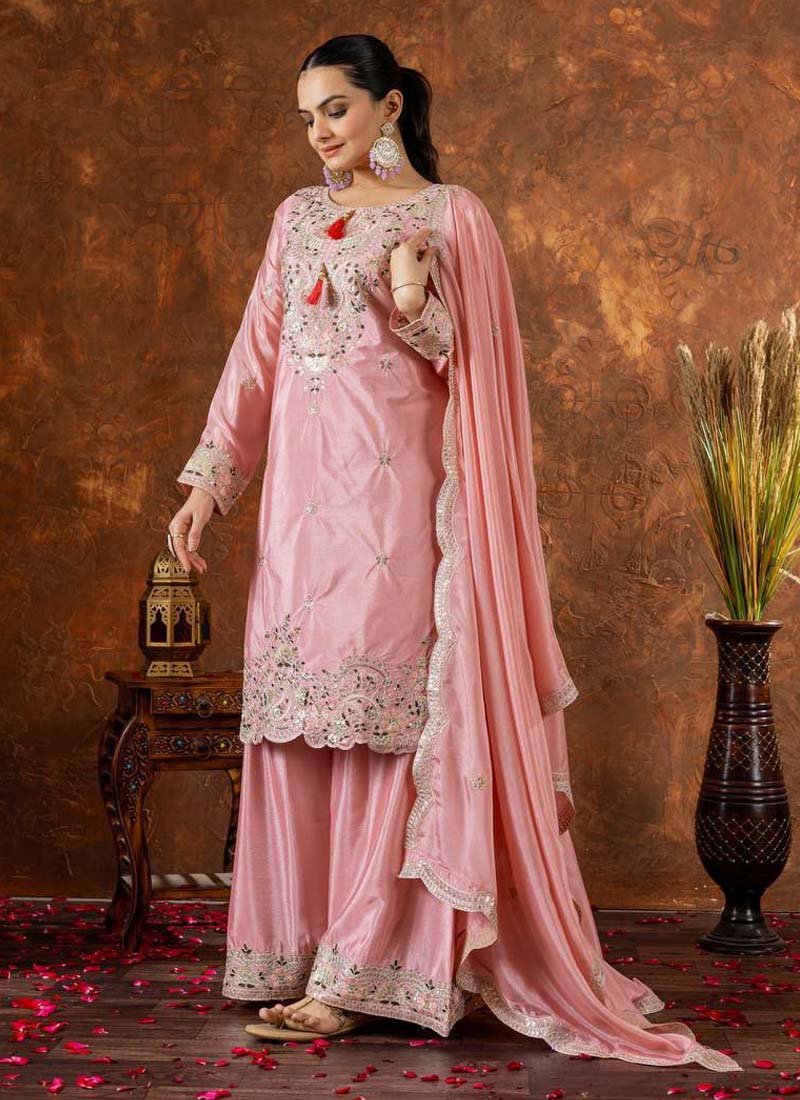 Prazu Fashion Baby Pink Chinon Silk Embroidered Codding Work Palazzo Suit