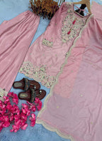 Prazu Fashion Baby Pink Chinon Silk Embroidered Codding Work Palazzo Suit