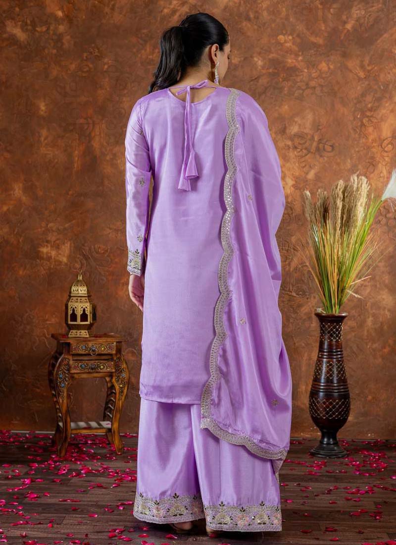 Prazu Fashion Lavender Chinon Silk Embroidered Codding Work Plazzo Suit