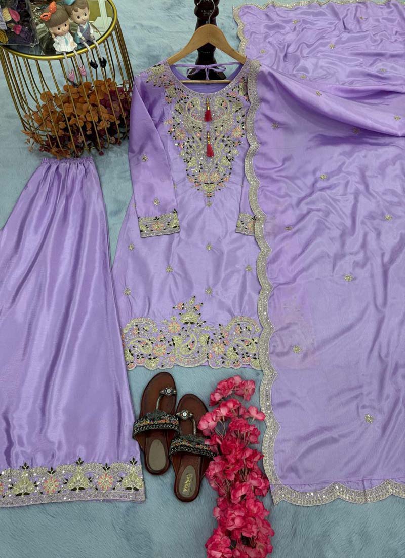 Prazu Fashion Lavender Chinon Silk Embroidered Codding Work Plazzo Suit