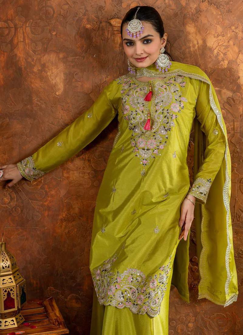 Prazu Fashion Lime Green Chinon Silk Embroidered Codding Work Plazzo Suit
