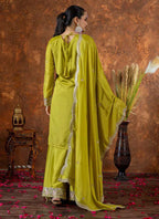 Prazu Fashion Lime Green Chinon Silk Embroidered Codding Work Plazzo Suit