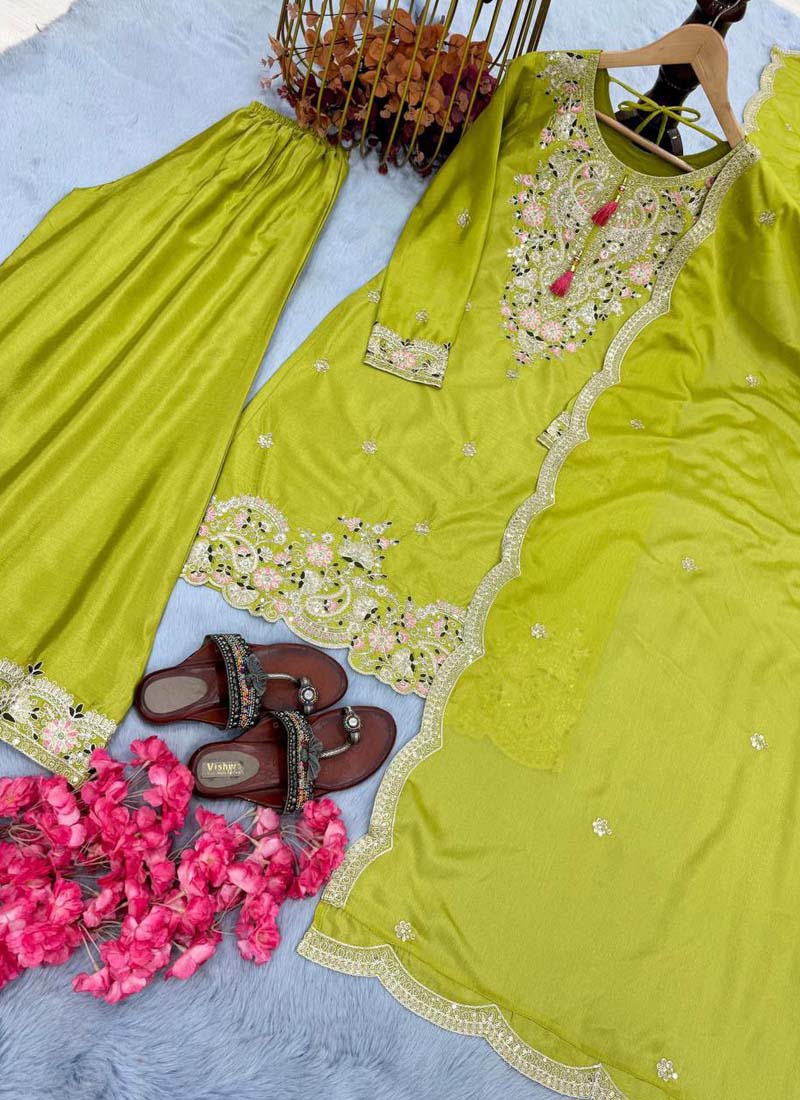 Prazu Fashion Lime Green Chinon Silk Embroidered Codding Work Plazzo Suit