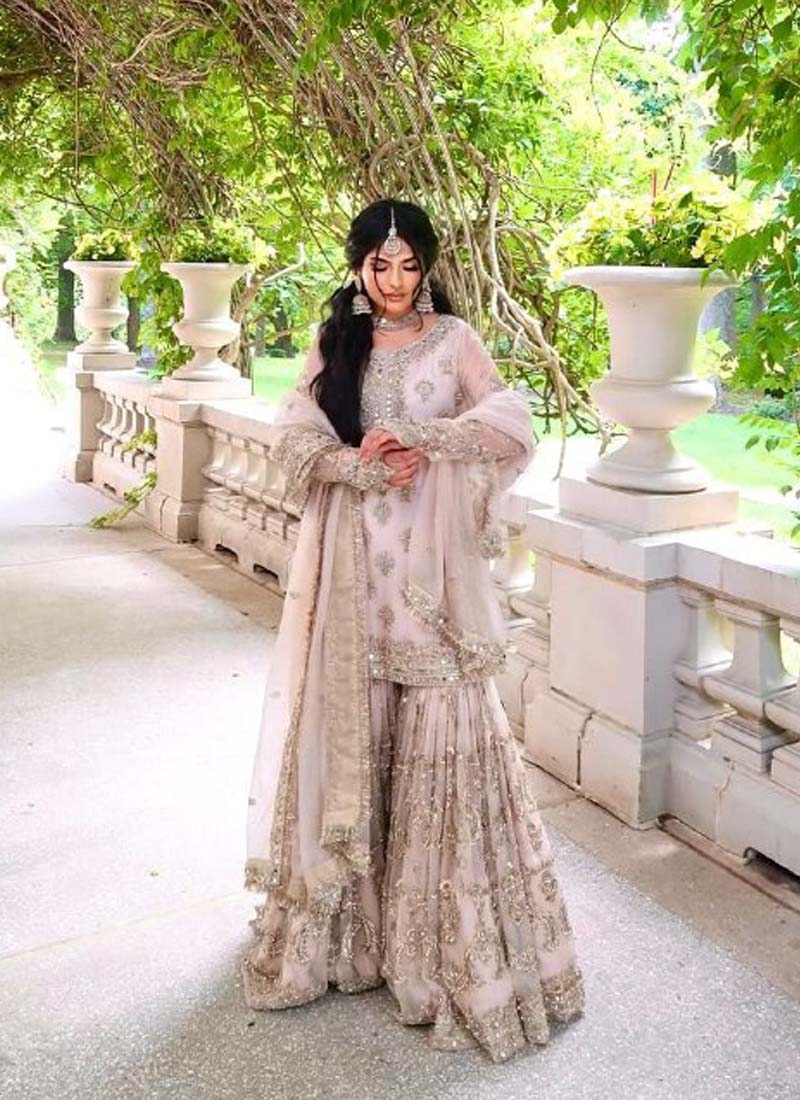 Prazu Fashion Light Peach Faux Georgette Embroidered Sharara Suit - Distacart