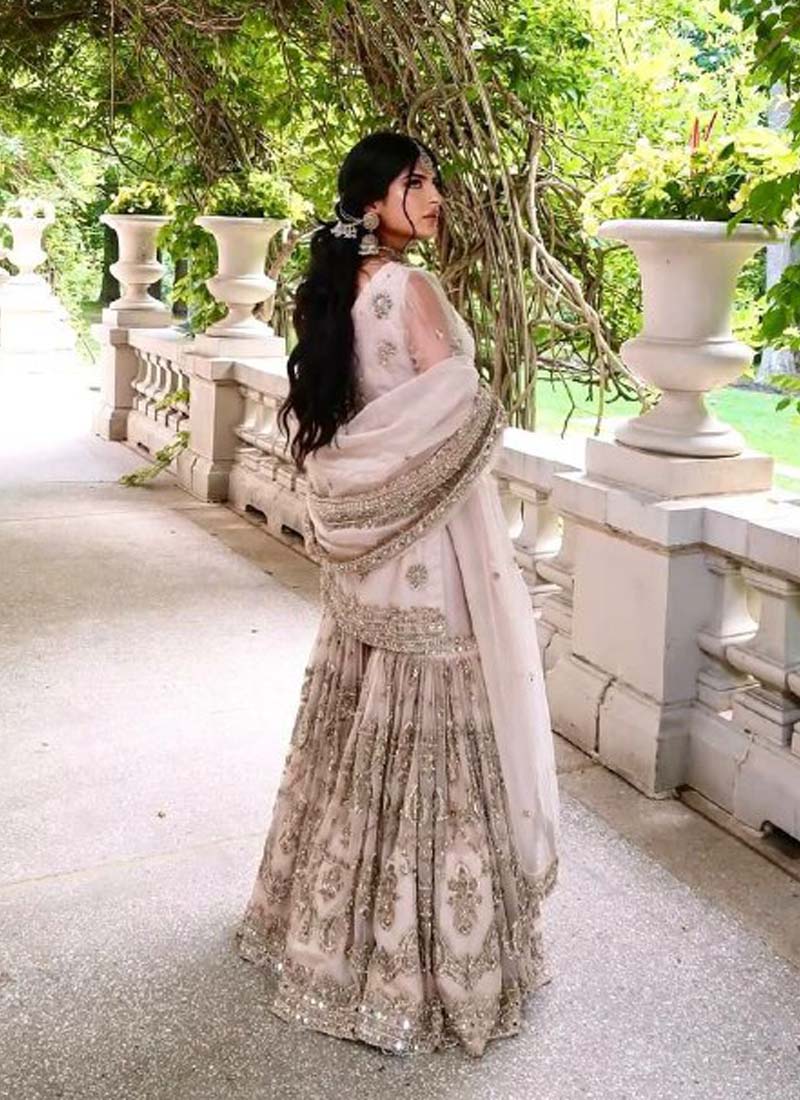Prazu Fashion Light Peach Faux Georgette Embroidered Sharara Suit - Distacart