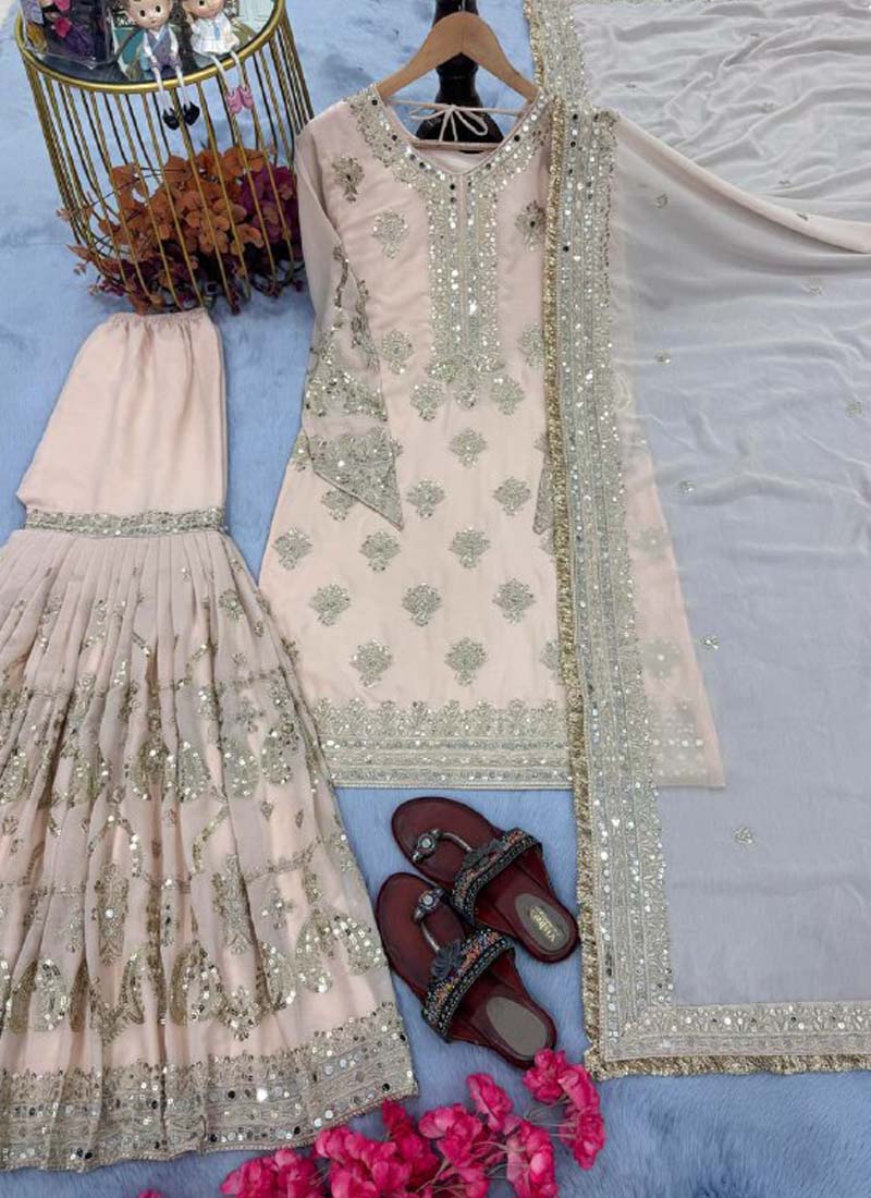 Prazu Fashion Light Peach Faux Georgette Embroidered Sharara Suit - Distacart