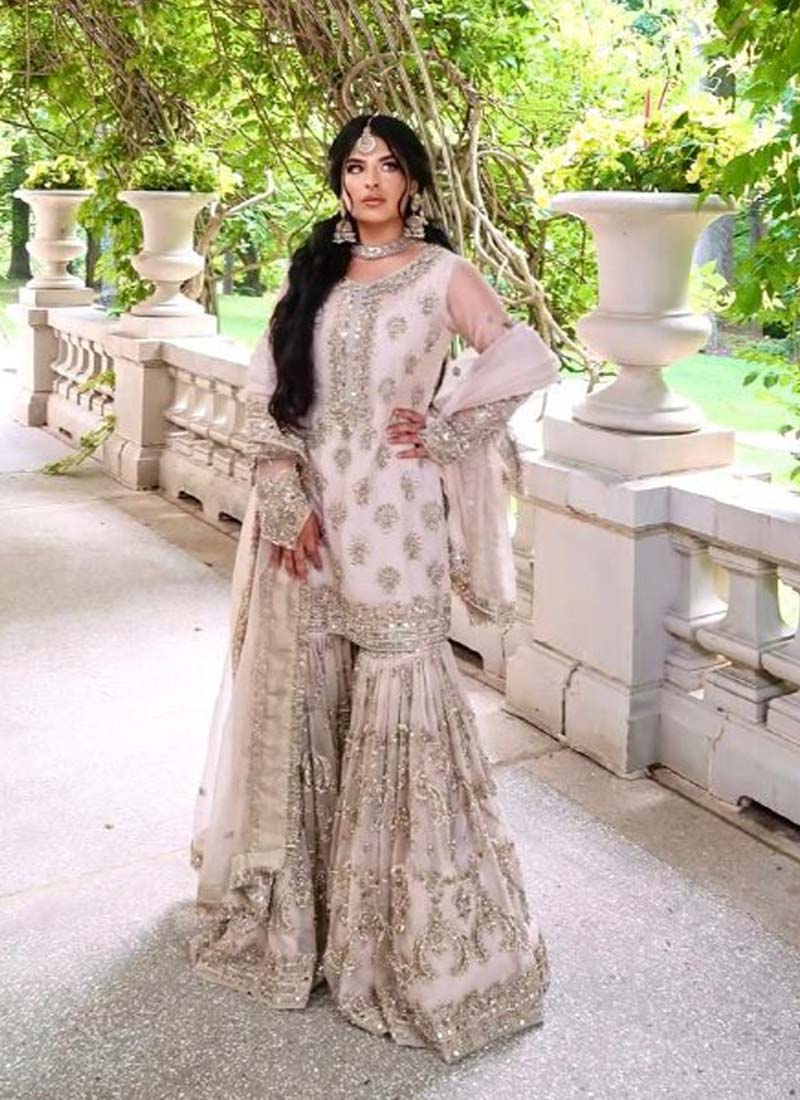 Prazu Fashion Light Peach Faux Georgette Embroidered Sharara Suit - Distacart
