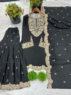 Prazu Fashion Black Chinon Silk Embroidered Plazzo Suit
