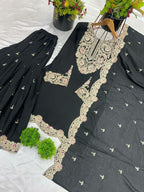 Prazu Fashion Black Chinon Silk Embroidered Plazzo Suit