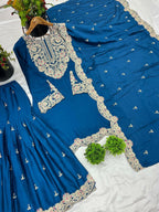 Prazu Fashion Royal Blue Chinon Silk Embroidered Plazzo Suit