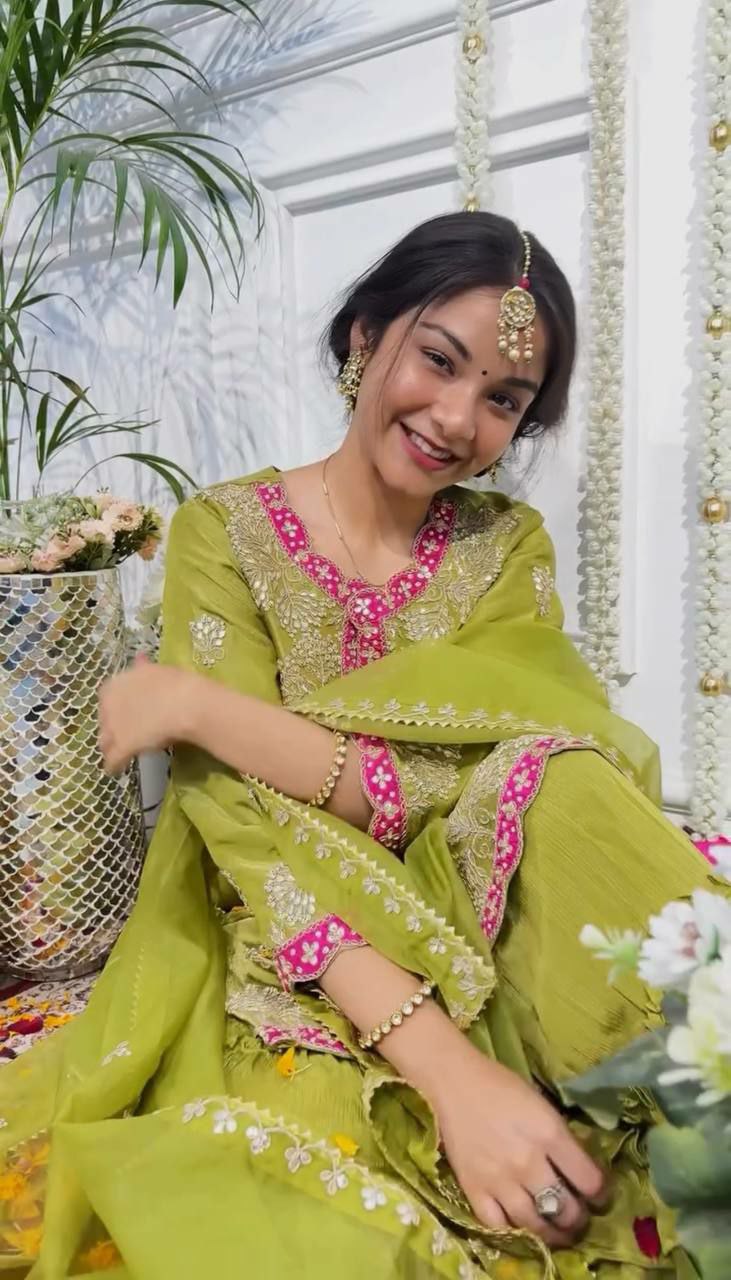 Prazu Fashion Lime Green Chinon Silk Embroidered Sharara Suit - Distacart