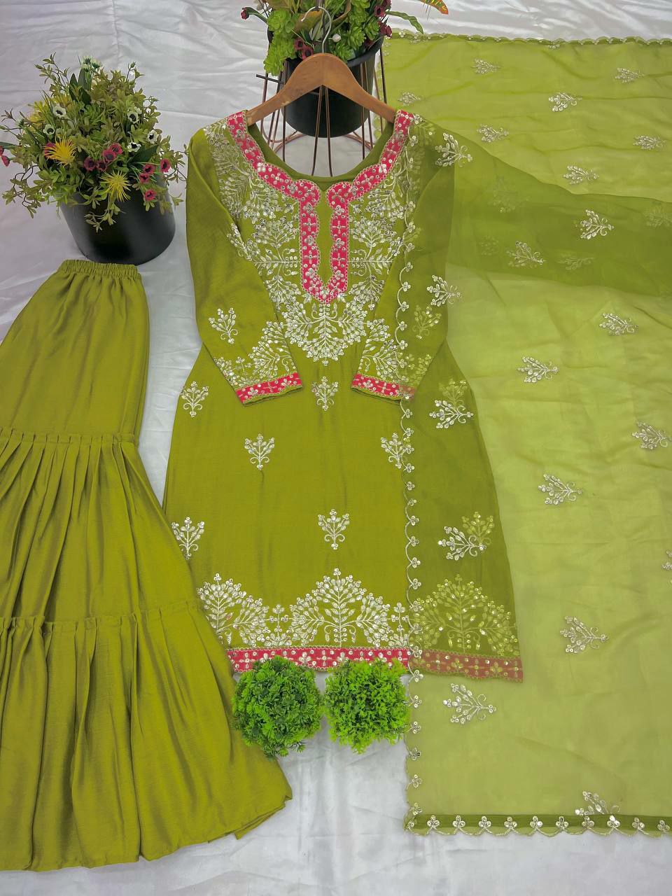 Prazu Fashion Lime Green Chinon Silk Embroidered Sharara Suit - Distacart